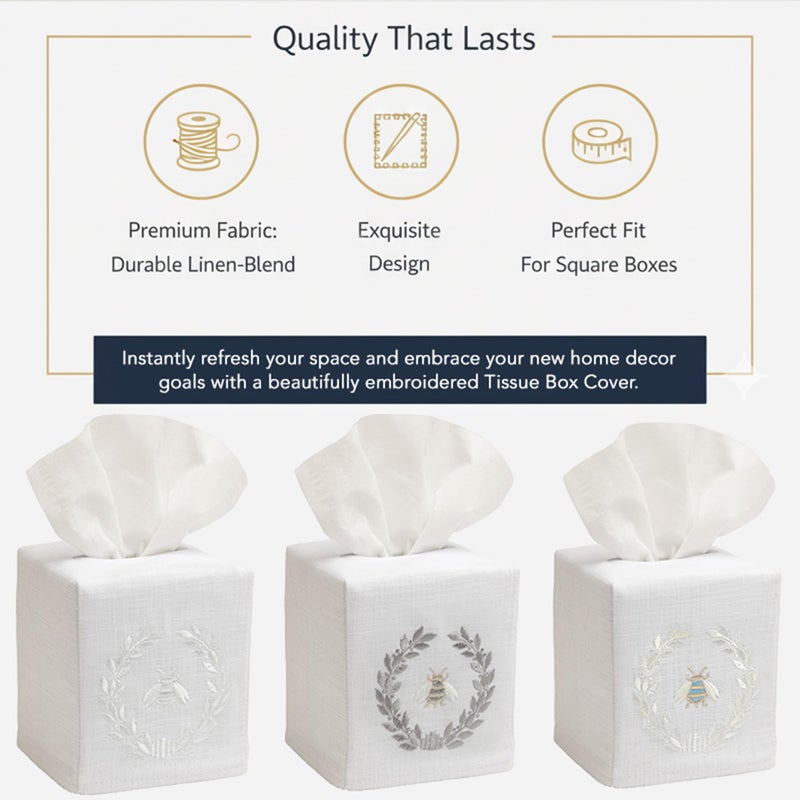 Jacaranda Living Square Tissue Box Cover, Linen/Cotton Fabric Tissue Holder, Decorative Cloth Tissue Cube Cover, Nature Designs Napoleon Bee Wreath (Cream) - Image 4